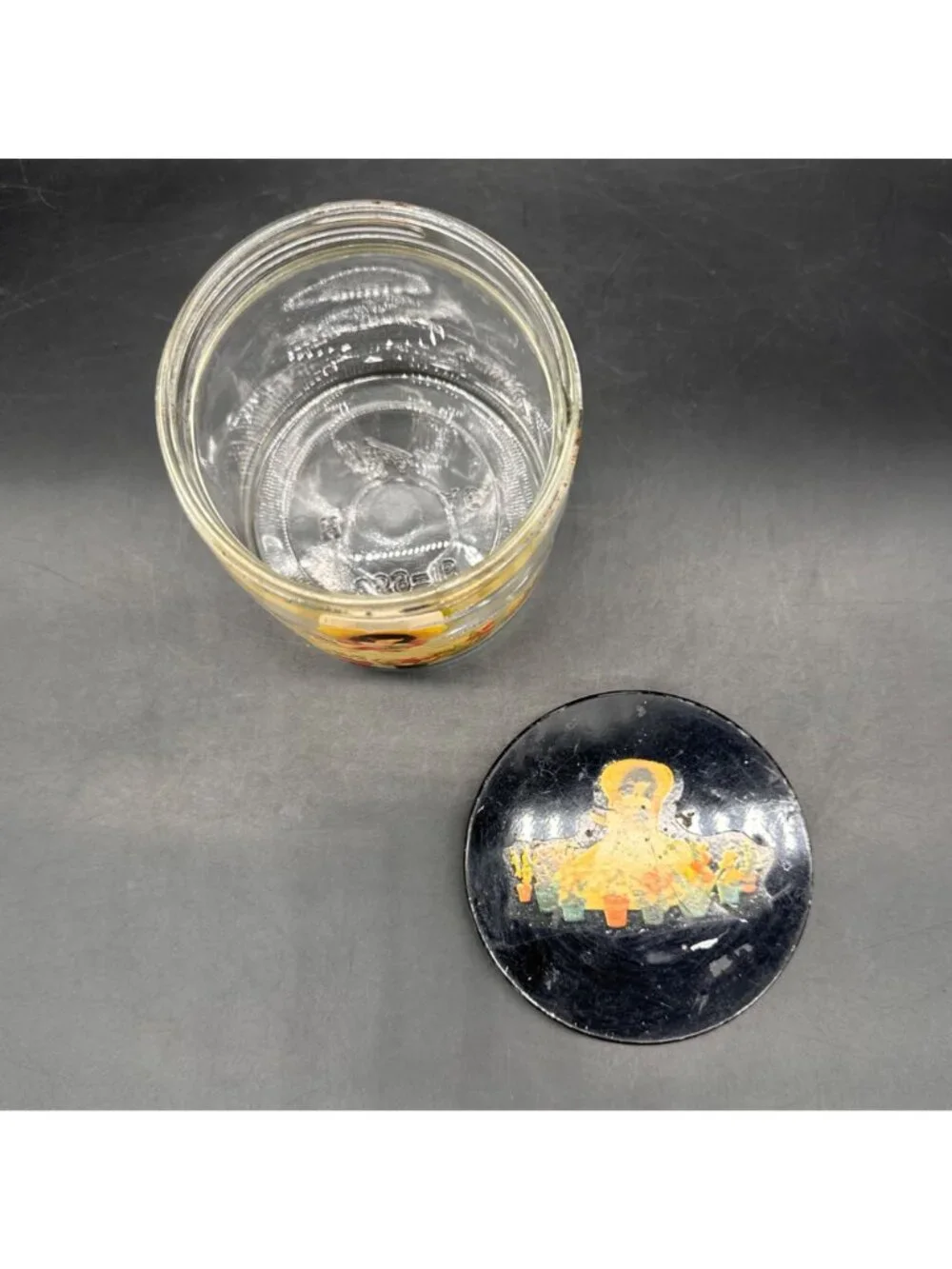 Vintage Glass Jar Black Lid Decoupage Woman Floral Garden Ball USA Mid Century